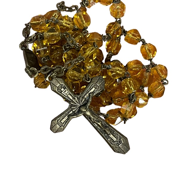 Vintage Amber glass bead crystal Crucifix necklace Catholic Rosalry religious - Picture 9 of 14